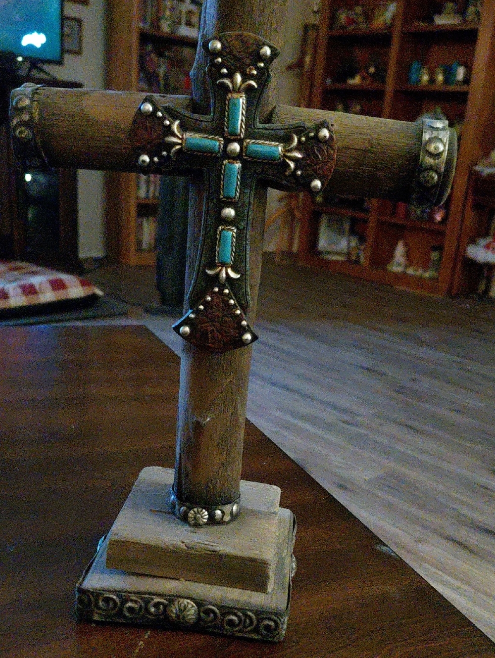 Rustic Wooden Cross with Turquoise Accents